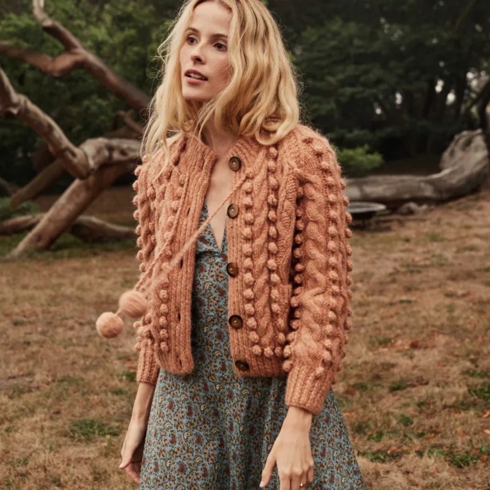 Doen Pom-Pom Knit Cardigan in Brown